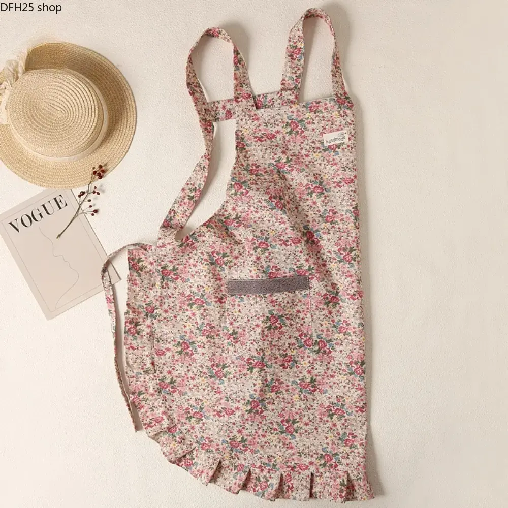Floral Cotton Kitchen Apron for Women, Adjustable Waist Apron with Pocket and Ruffle Trim for Baking, Gardening and Home Cooking