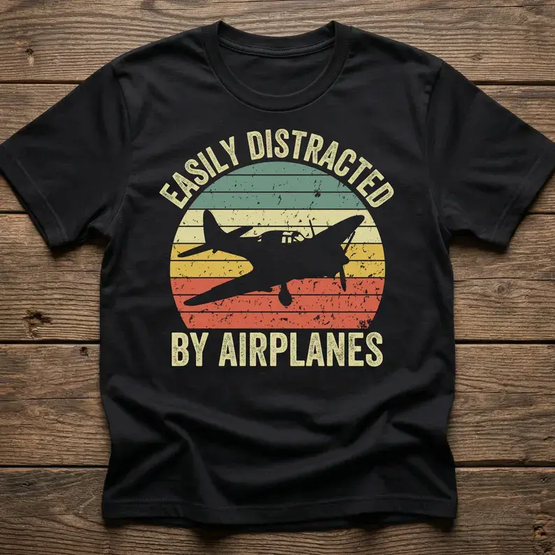 Vintage Airplane Silhouette Easily Distracted By Airplanes Graphic Oversized Comfort Cotton T-Shirt, Aviation Lover Retro Fashion Outfit, Nice Valentine Holiday Gift For Pilot Plane Enthusiasts Family Friends