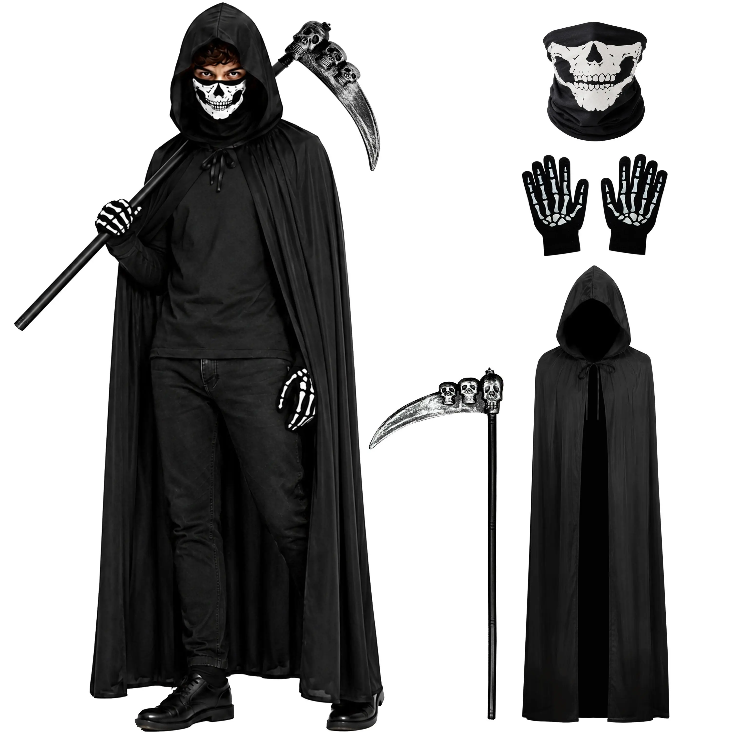 Grim Reaper Cloak Costume Halloween Hooded Cape Cosplay Scary Outfit Set | Unisex | Lightweight & Breathable | Set with Mask & Gloves & Scythe | One Size Fits All (59″) Birthday Knit