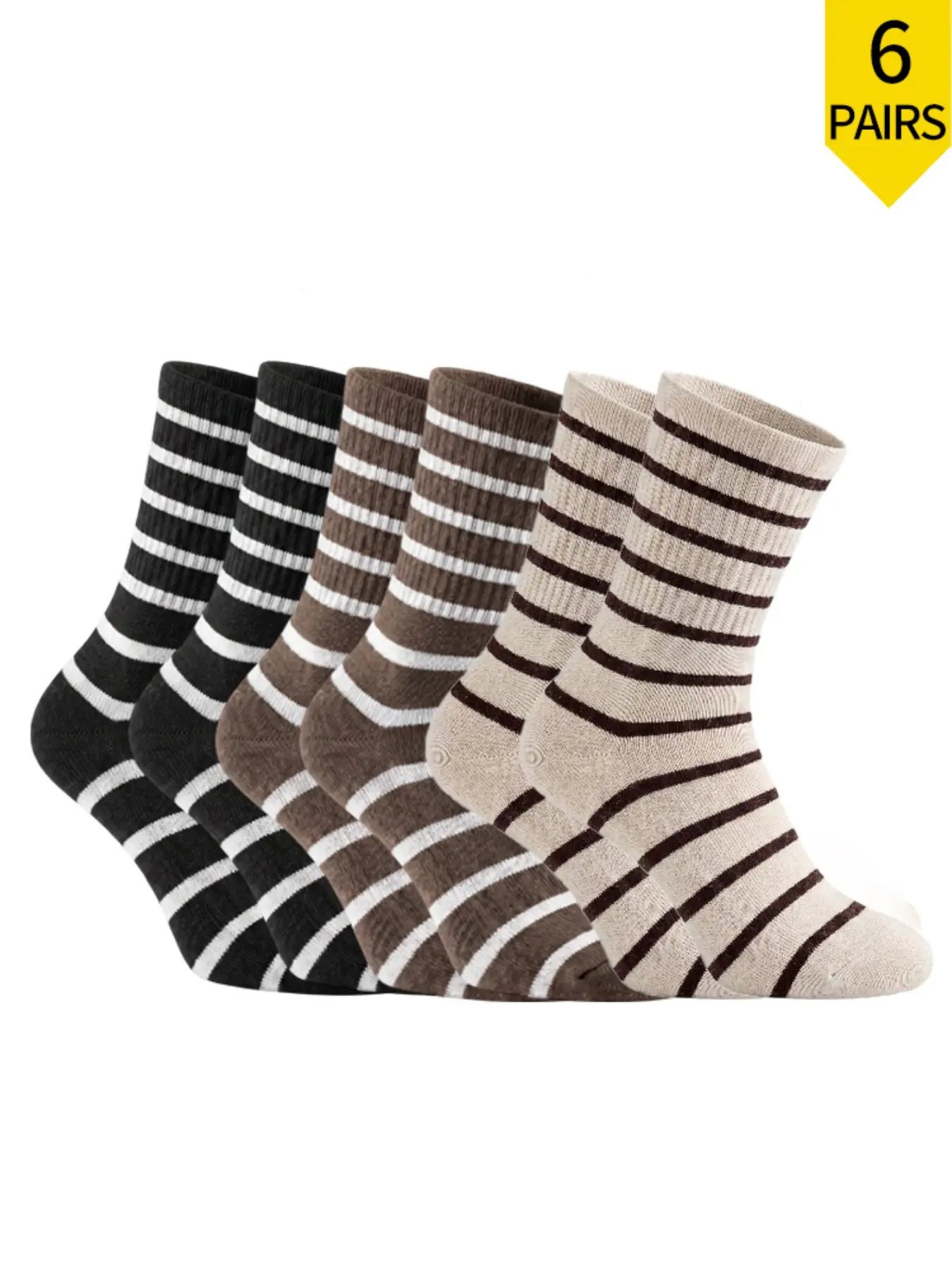 Women's Striped Mid-Calf Cotton Socks 6 Pairs, Soft Breathable High Elasticity Vintage Style, Casual Home Wear, Pair with Sneakers