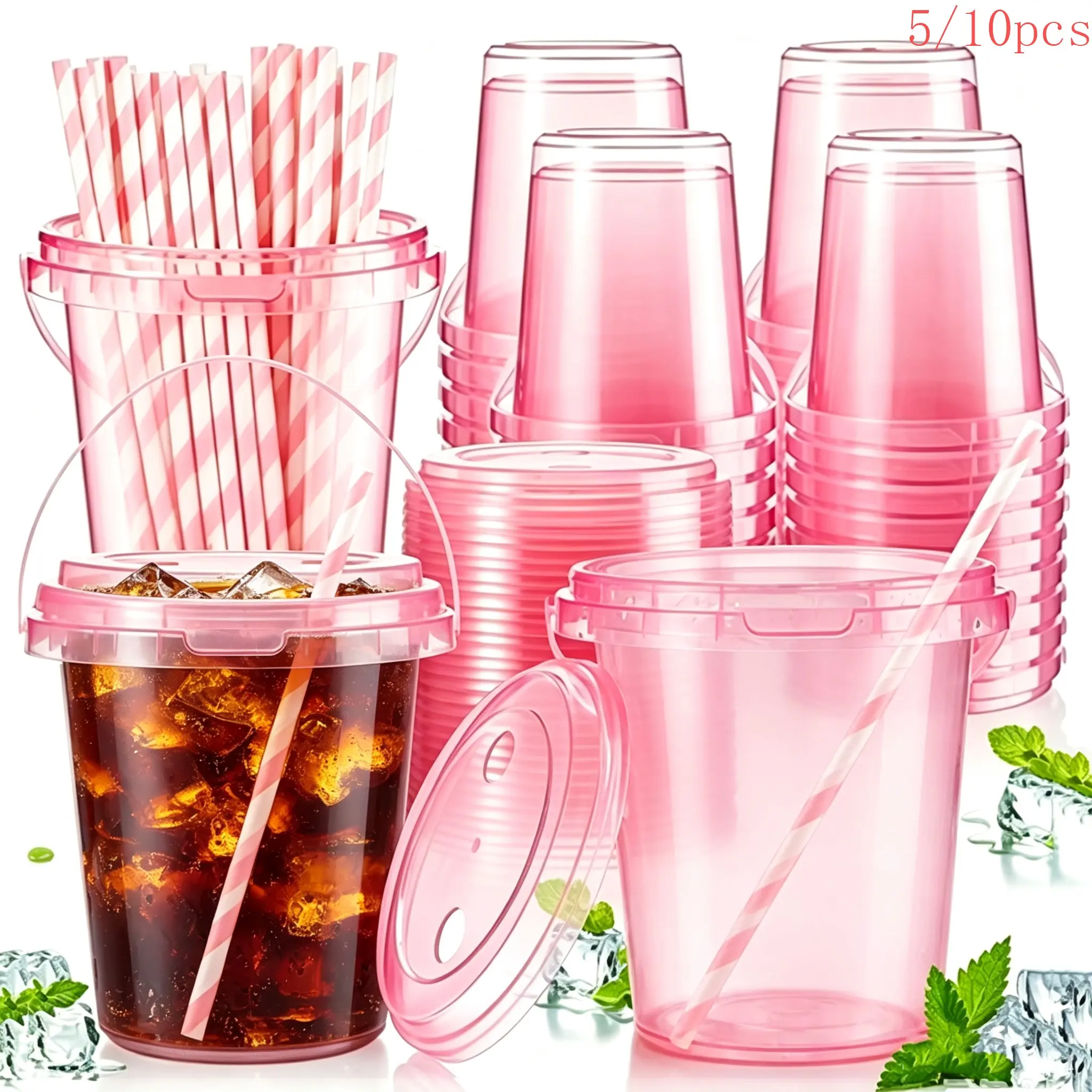 5/10pcs Plastic Water Buckets with Lid, 34oz Reusable Food Fruit Containers, Handle Cup with Straw, Ideal for Ice Cream, Milk Tea, Cocktails, Plasticware