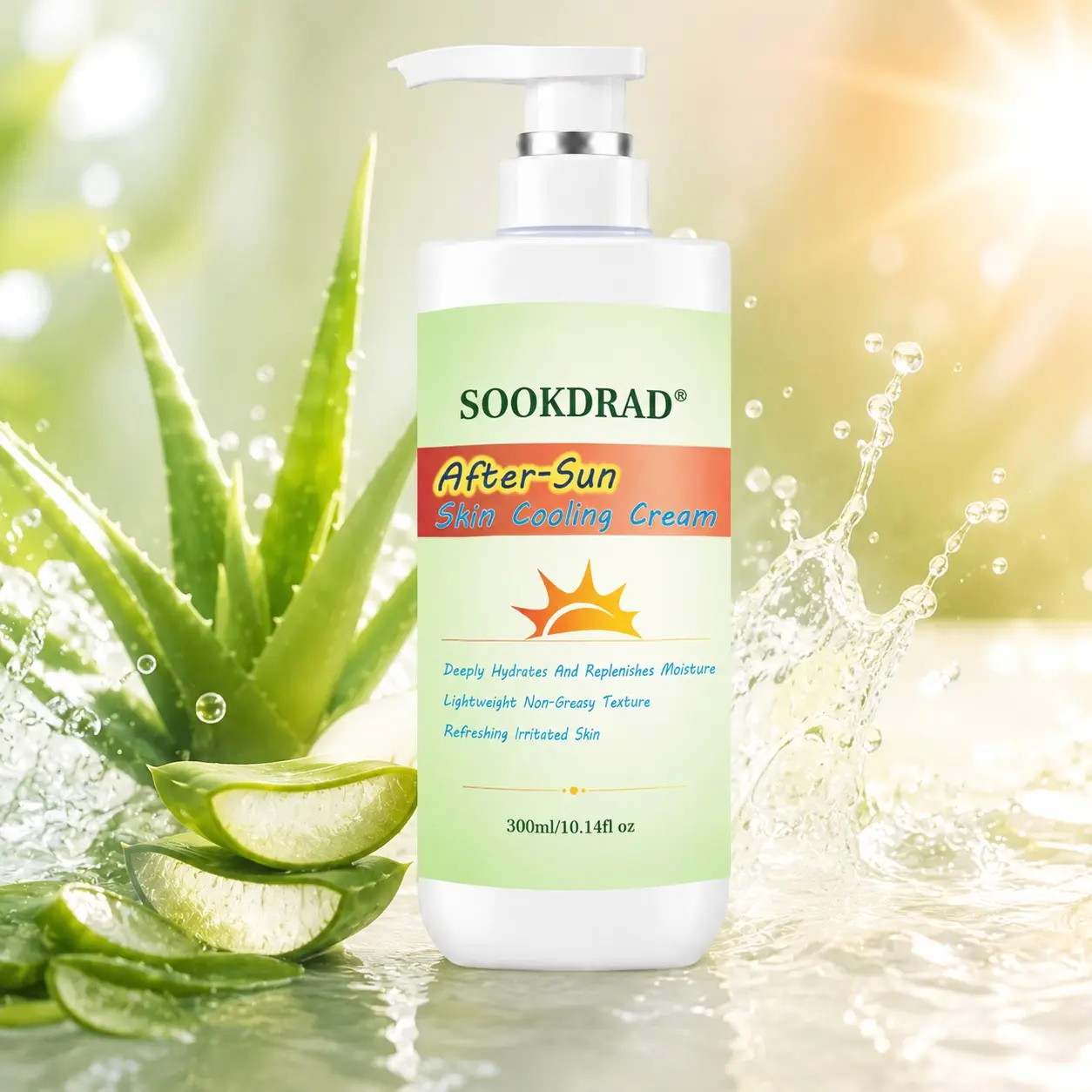 after-sun skin cooling cream, deeply hydrating, replenishing moisture, lightweight non-greasy texture, refreshing irritated skin, 300ml/10.14fl oz
