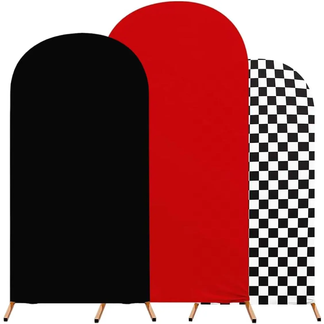 Red Arch Backdrop Cover Arch Covers Stretchy Backdrop Set of 3 Checkered Racing Theme Arch Cover Stand 4ft, 5ft, 6ft Spandex Arch Cover for wedding receptions, and birthday party decorations