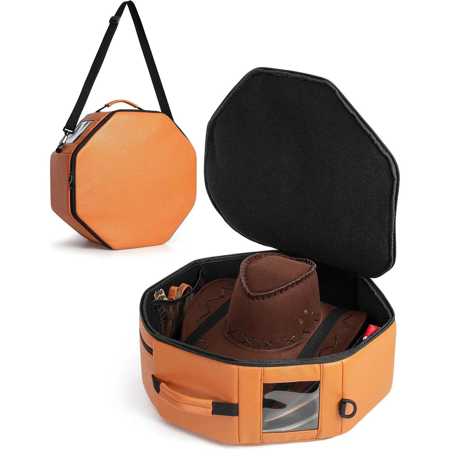 Marscamd Vegan Leather Hat Box Fits 4 Cowboy or Wide-Brim Hats, Padded Storage Case with Shoulder Strap & Trolley Sleeve for Travel or Home Storage (Facet Series, Brown)