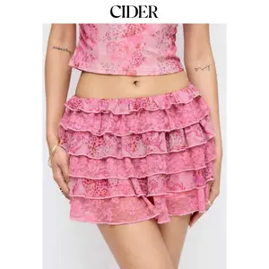 Cider Mesh Mid Rise Floral Ruffled Mini Skirt