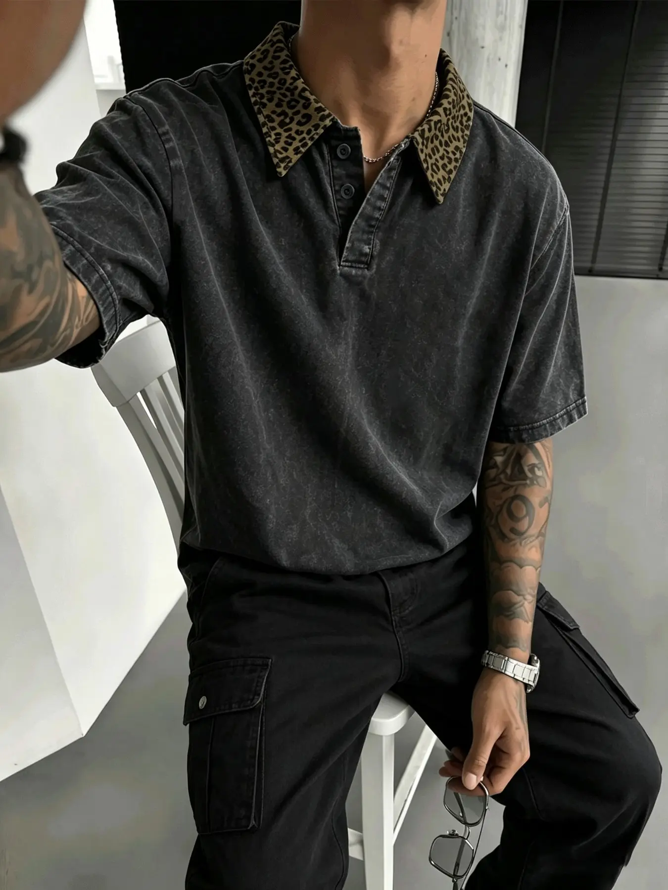 Men's polo shirt, Streetwear Polo Shirt, featuring a contrasting leopard-print panel design and a washed, distressed finish. Crafted from cotton, it embodies a casual street-style aesthetic, making it a versatile wardrobe staple