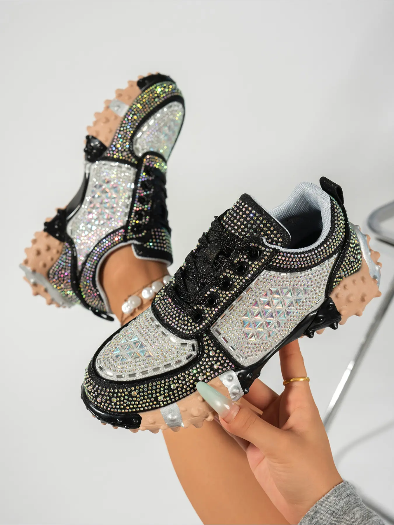Women's Shoes Bling AB Rhinestone Decor Height Increasing Platform Trainers Retro Fashion Non Slip Wear Resistant Outdoor Walking Sneakers