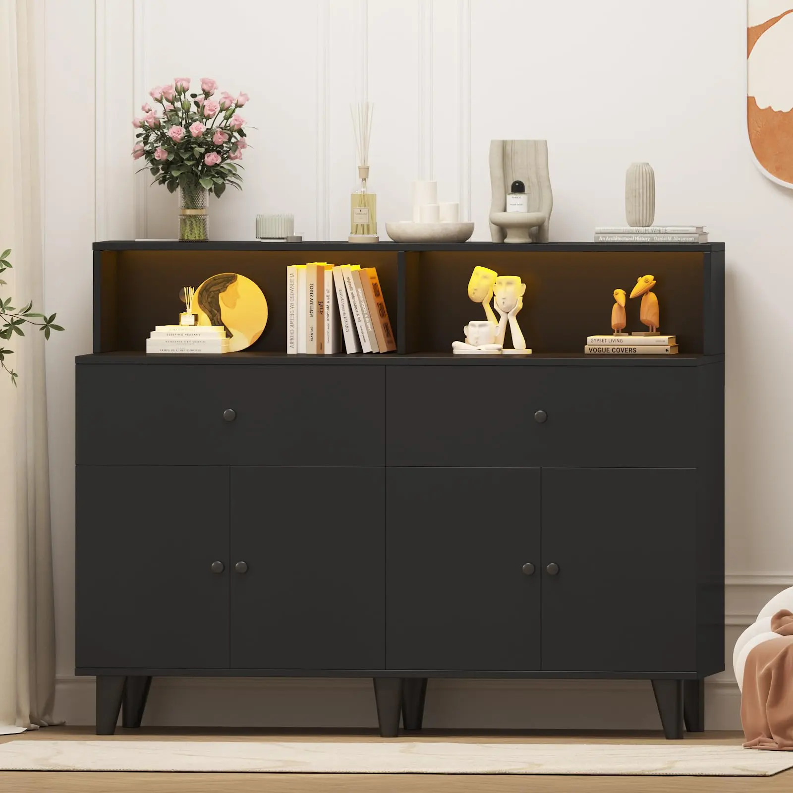 Garvee Modern Sideboard Buffet Cabinet with Charging Station & LED Light – 51'' Freestanding Kitchen Pantry, Adjustable Shelves & Drawers, Multipurpose Coffee Bar Storage for Dining Room – Black Sesame