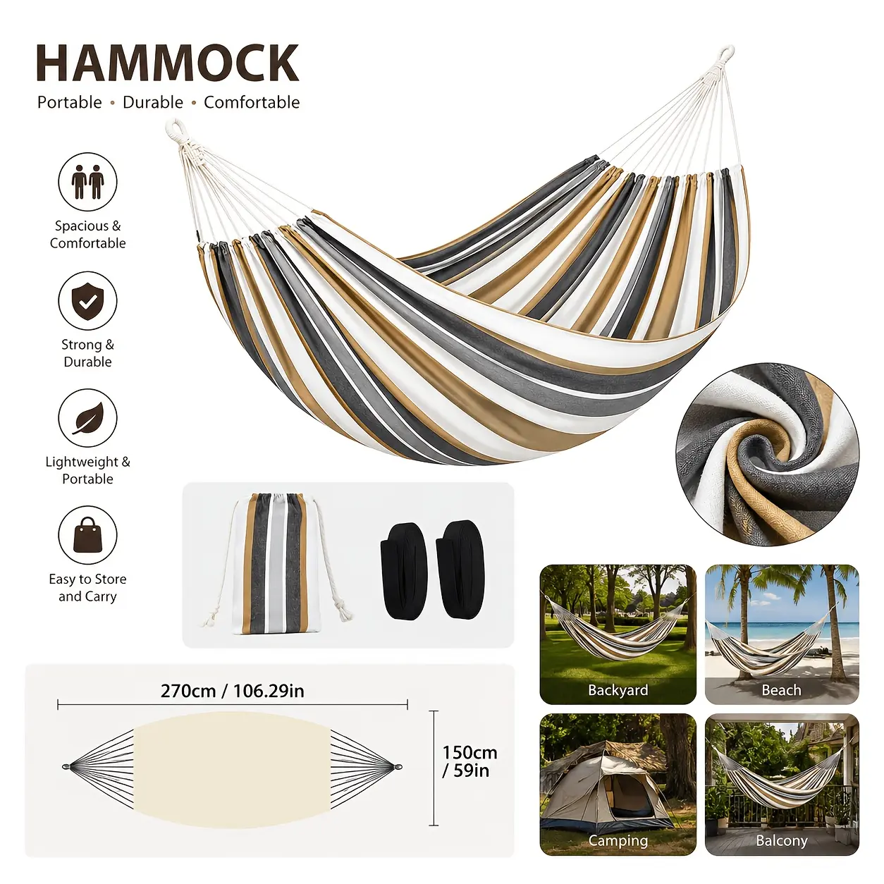 Double Wide Hammock - Pole-Free, 270x150cm Thick Nylon, High-Load-Bearing, Anti-Rollover, Ideal for Terrace Hangout, Outdoor Relax (Sports & Outdoor Camping Hiking Gear)