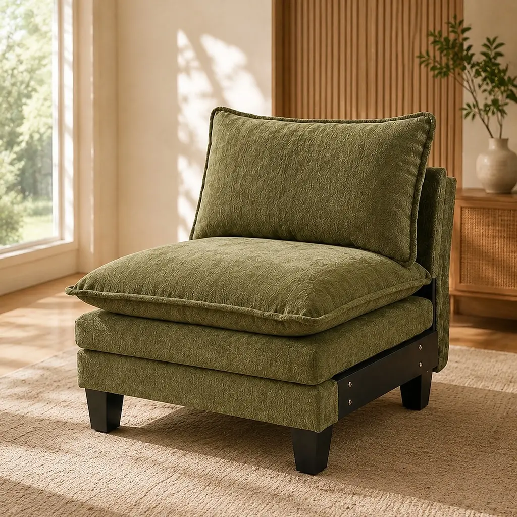 ARCH Green Chenille Accent Chair Armless Modular Single Sofa Club Chair Oversized Living Room Chair with Thick Cushion for Reading Nook Relaxation, 27.56W x 34.65D x 33.86H
