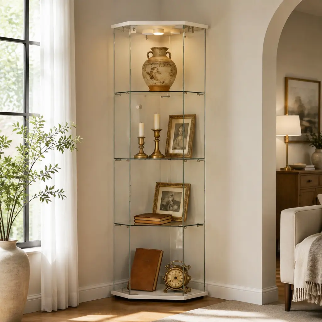 Tempered Glass Five-Sided Display Cabinet with LED Lights and Lock, Corner Liquor Cabinet, Adjustable Feet, White, 64.17"H x 23.62"L x 17.32"W