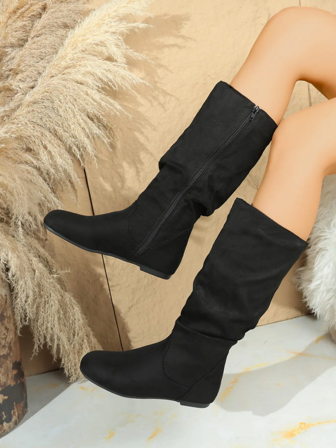 Vintage Pleated High Boot, Boots With Zipper, Side Zipper Convenience, Round Toe Design, Loose Shaft, Slouchy Boots, Flat Sole, Fall Winter Casual Women's Boots