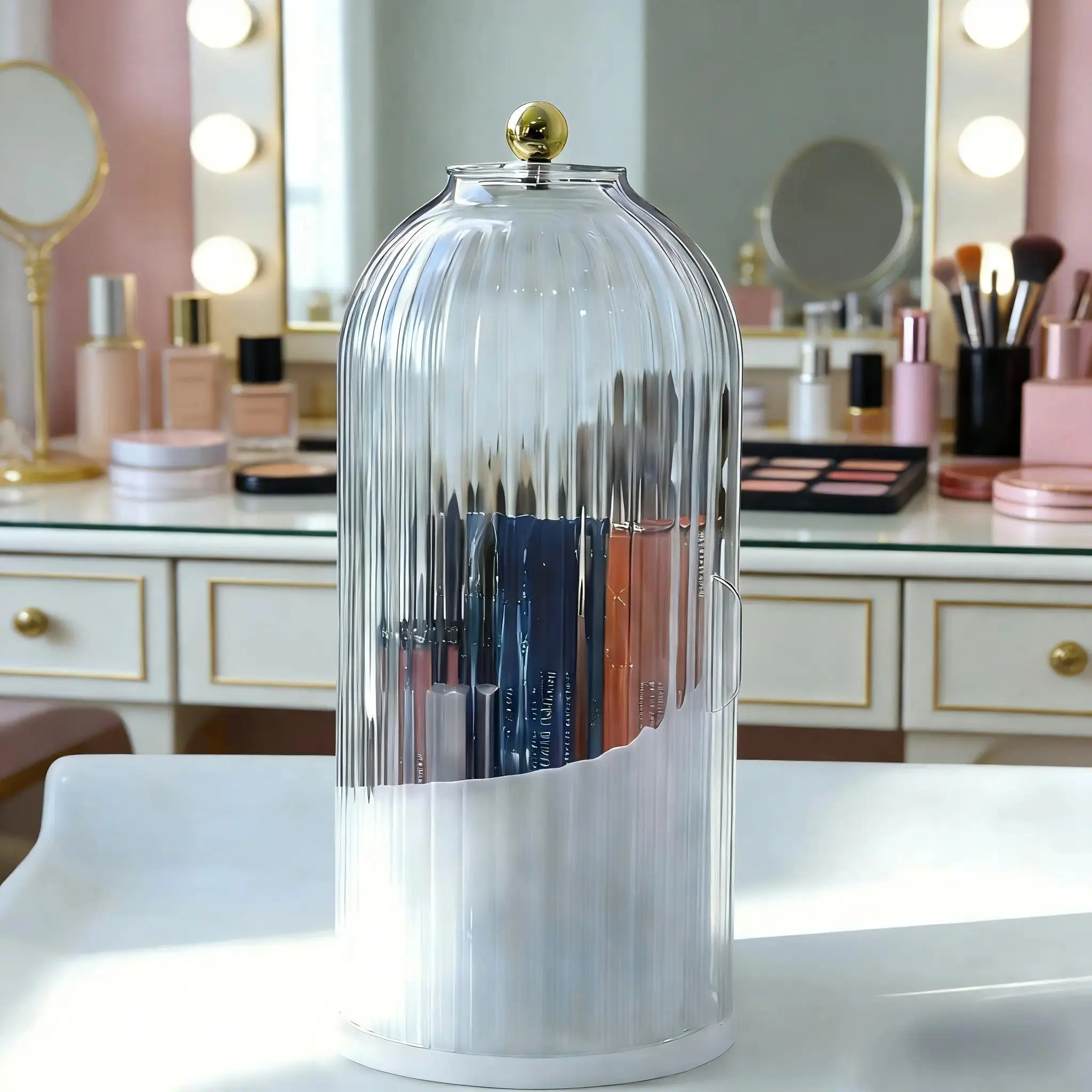 Plastic Dustproof Bathroom Accessories Toothbrush Holder with Cover - 3-Slot Rotating Organizer, Durable Non-Slip Base, Ample Room for Electric Toothbrushes, Toothpaste & Makeup Brushes, Countertop/Vanity Use, Decorative Gold Ball Spring Gift, Dustproof C