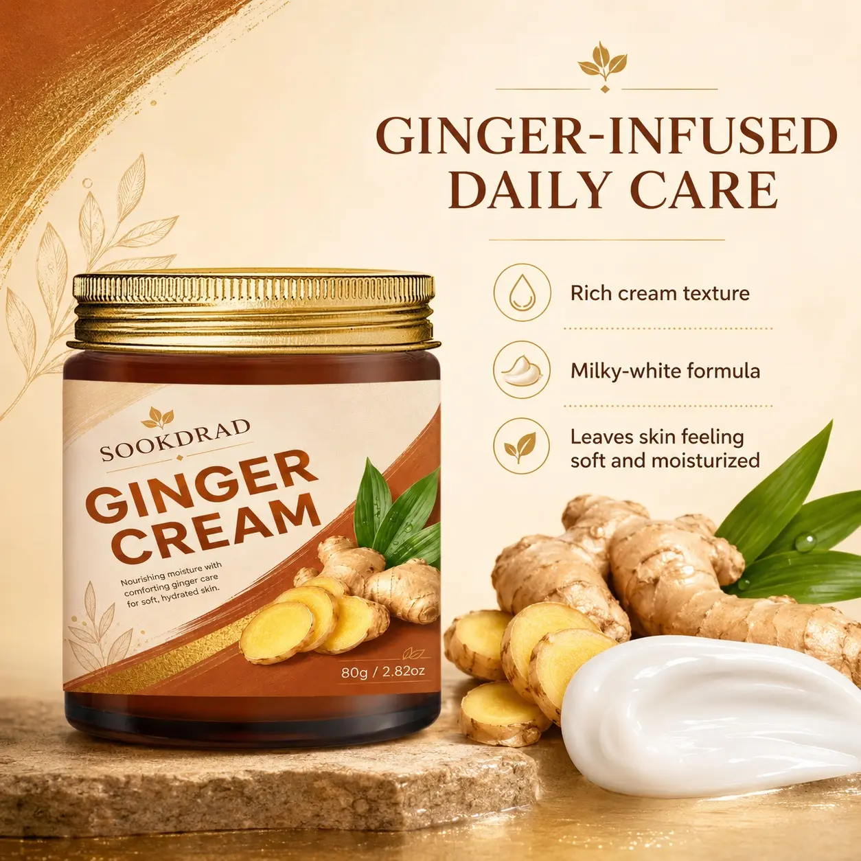 Ginger Cream, Nourishing Moisturizer, Comforting Ginger Care, Soft Hydrated Skin, 80g/2.82oz