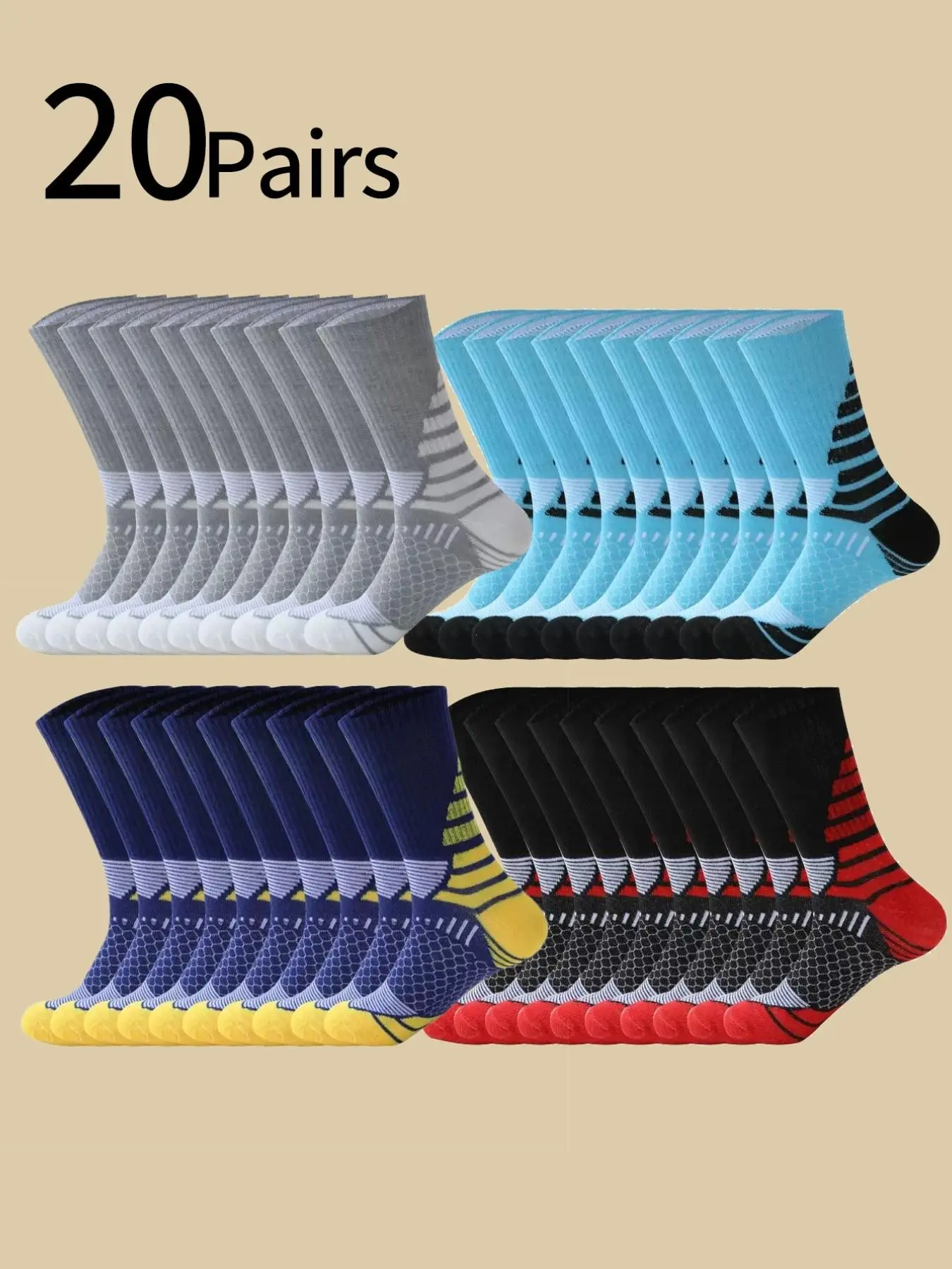 20 Pairs Men's Socks, Non-Slip Long Tube Soccer Socks, Professional Running Towel Bottom Socks, Outdoor Sports Socks, Athletic Sports Socks, Moisture-Wicking