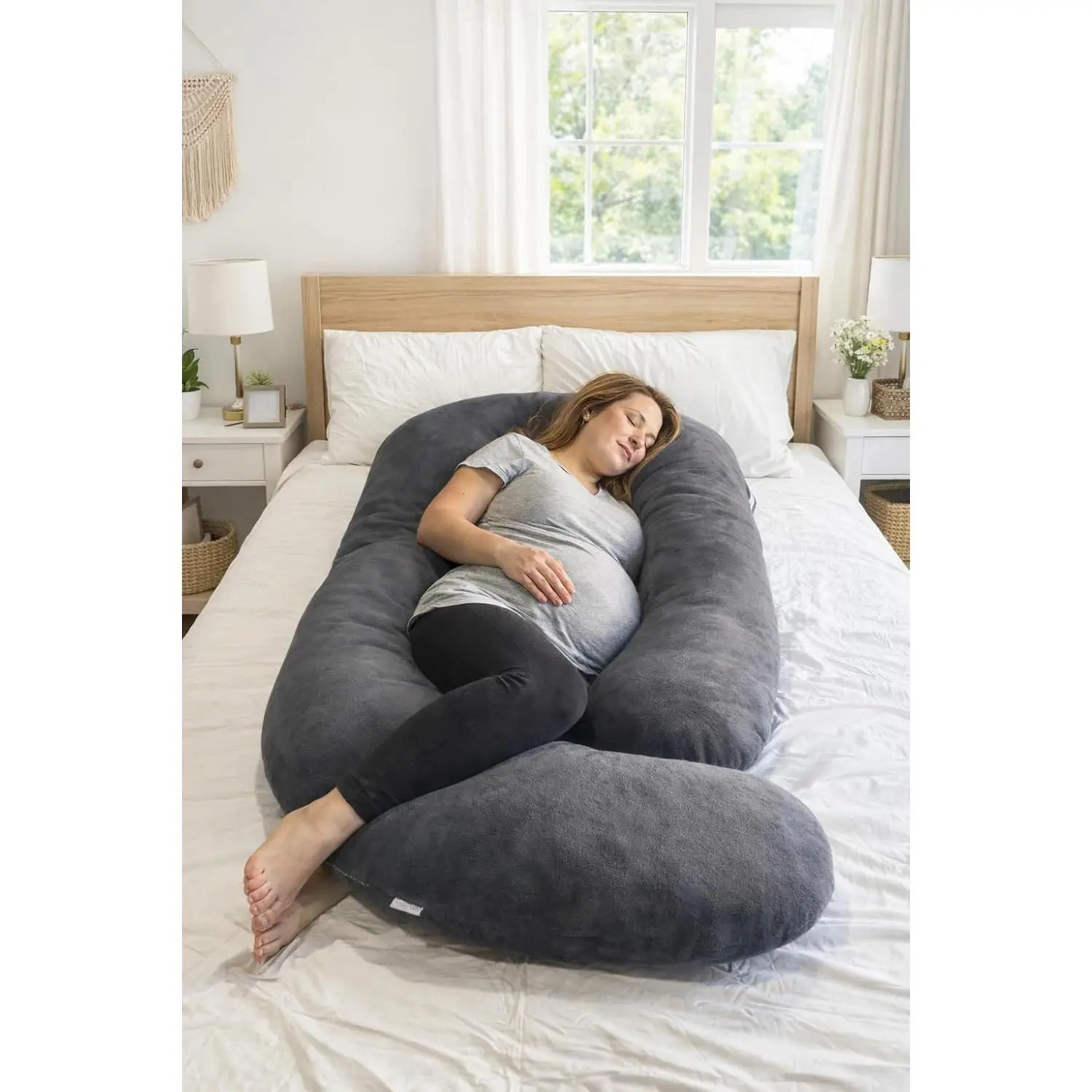 J-Shaped Maternity Body Pillow, 60-in Comfortable Sleep Aid for Expecting Moms, Full Body Wedge for Back, Hips & Baby Bump, Prop 65 Safe, Free of Harsh Chemicals & Subpar Support, 60 Inches