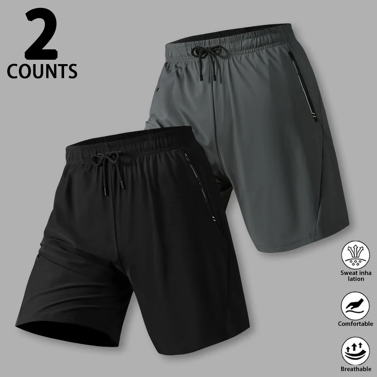Men's 3-Pack Polyamide-Elastane Active Sport Shorts - Lightweight, Drawstring Elastic Waist, Zipper Side Pockets, Breathable Quick-Drying, Knee-Length Fitted Cut for Fitness Jog, Summer Casual Wear (Cold Wash), XXL Size Option