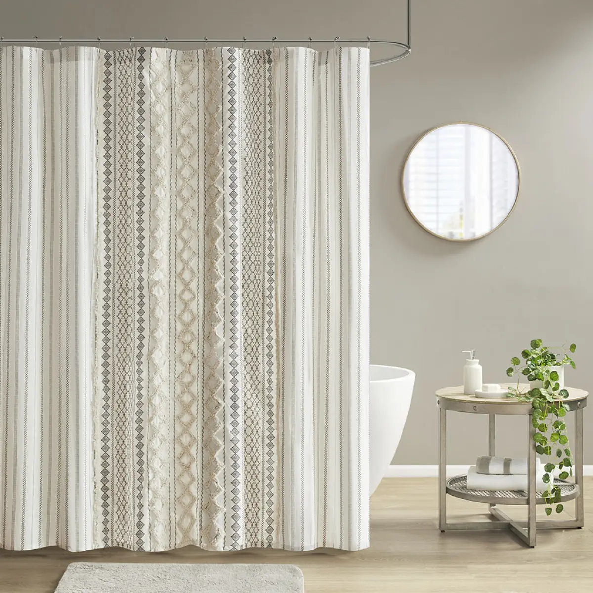 Industrial 72x72" Washable Aztec Print Cotton Fabric Shower Curtain - Tufted Chenille Trim, High-Resolution Print, Waterproof Polyester Layer, Quick Install, Button Holes for Modern Bathrooms, Machine Washable