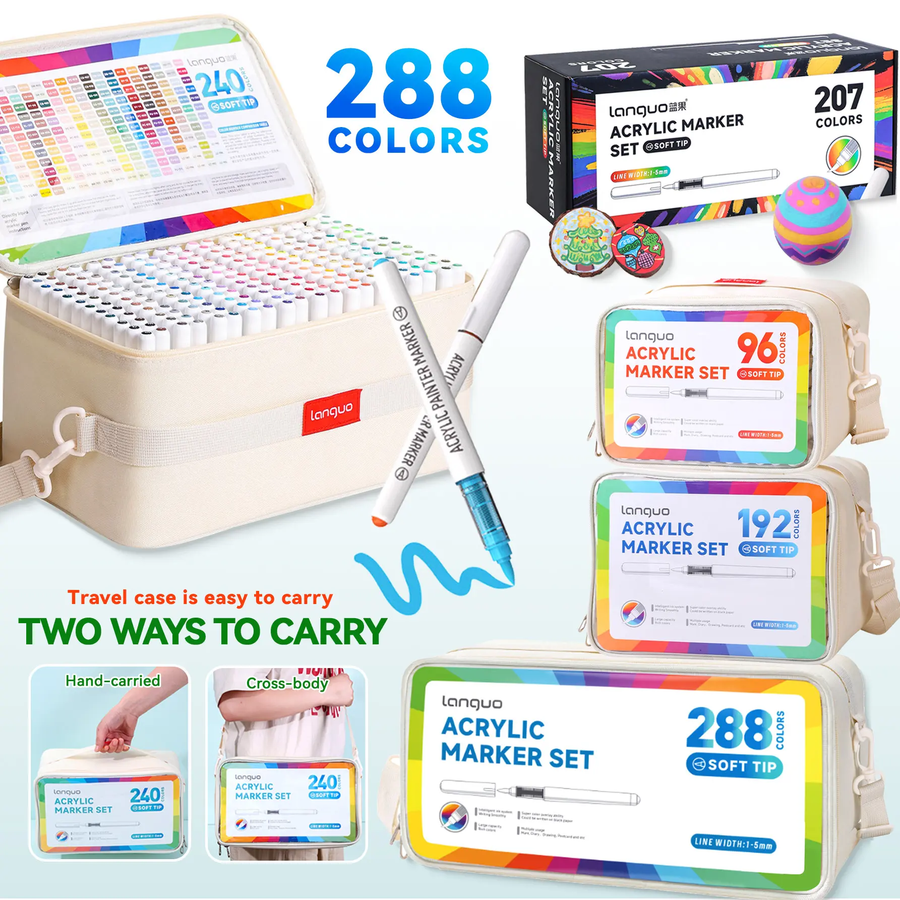 Languo Liquid Marker Pens, 288/240/207/192/96 Colors, Strong Coverage, Soft Tip, Professional Art Markers, Versatile Use, Ideal for DIY, Ceramics, Metal, Back-To-School