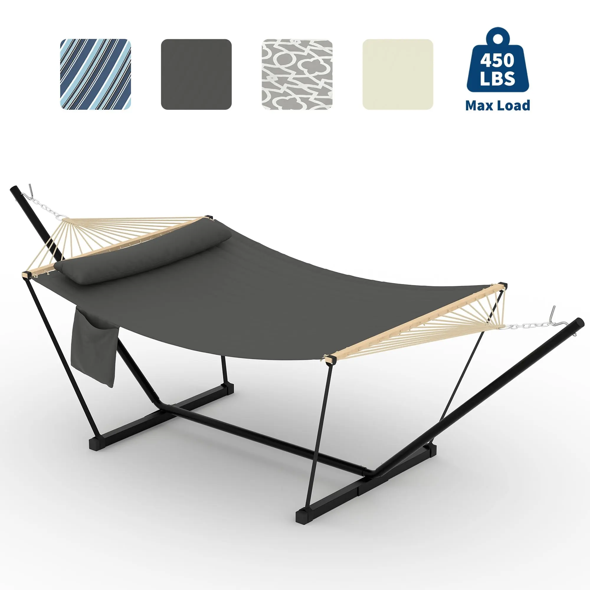 Portable Flat Bed Hammock with Stand Cotton Padded Foldable Steel Frame Swing Bed for Outdoor Garden Backyard Patio Relaxation