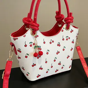 Women's Small Fruit Print Crossbody Bag PU Leather Bucket Bag Top Handle Handbag with Zipper for Shopping & Travel
