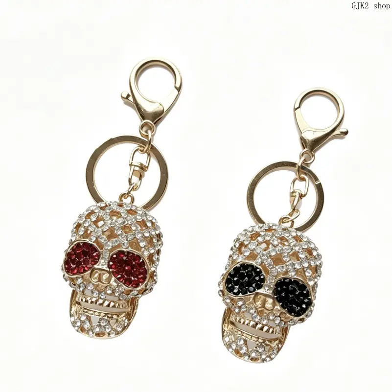 2Pcs Hollow Rhinestone Skull Keychain Set, Gold Plated Gothic Skeleton Bag Charms, Sparkly Crystal Skull Pendant with Lobster Clasp for Backpack Purse Car Key Halloween Gift for Women