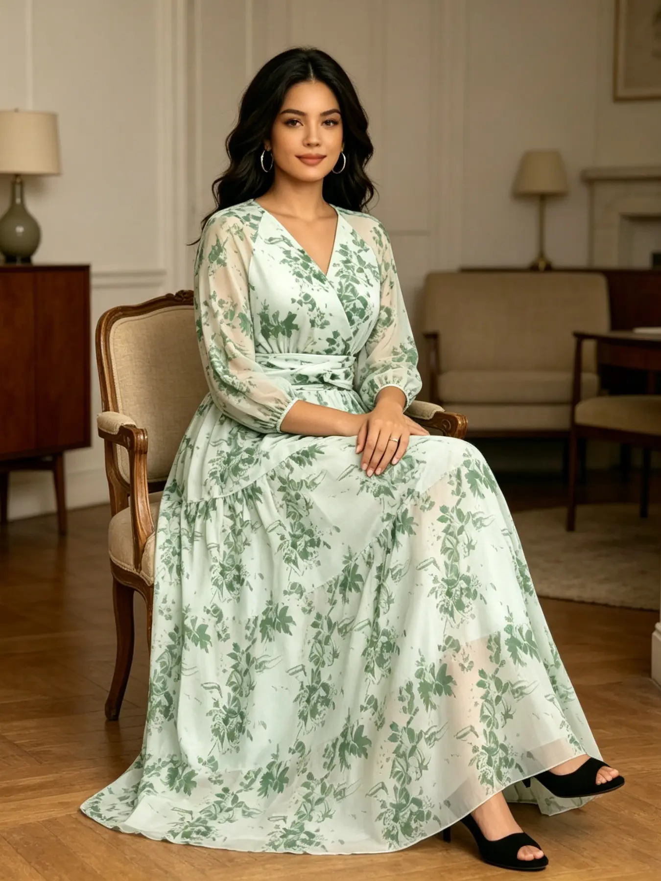 V Neck Seven-Quarter Sleeve Mint Floral Long Dress, Waist-Cinch A-Line Chiffon Dress, Soft and Ethereal Vacation Dress