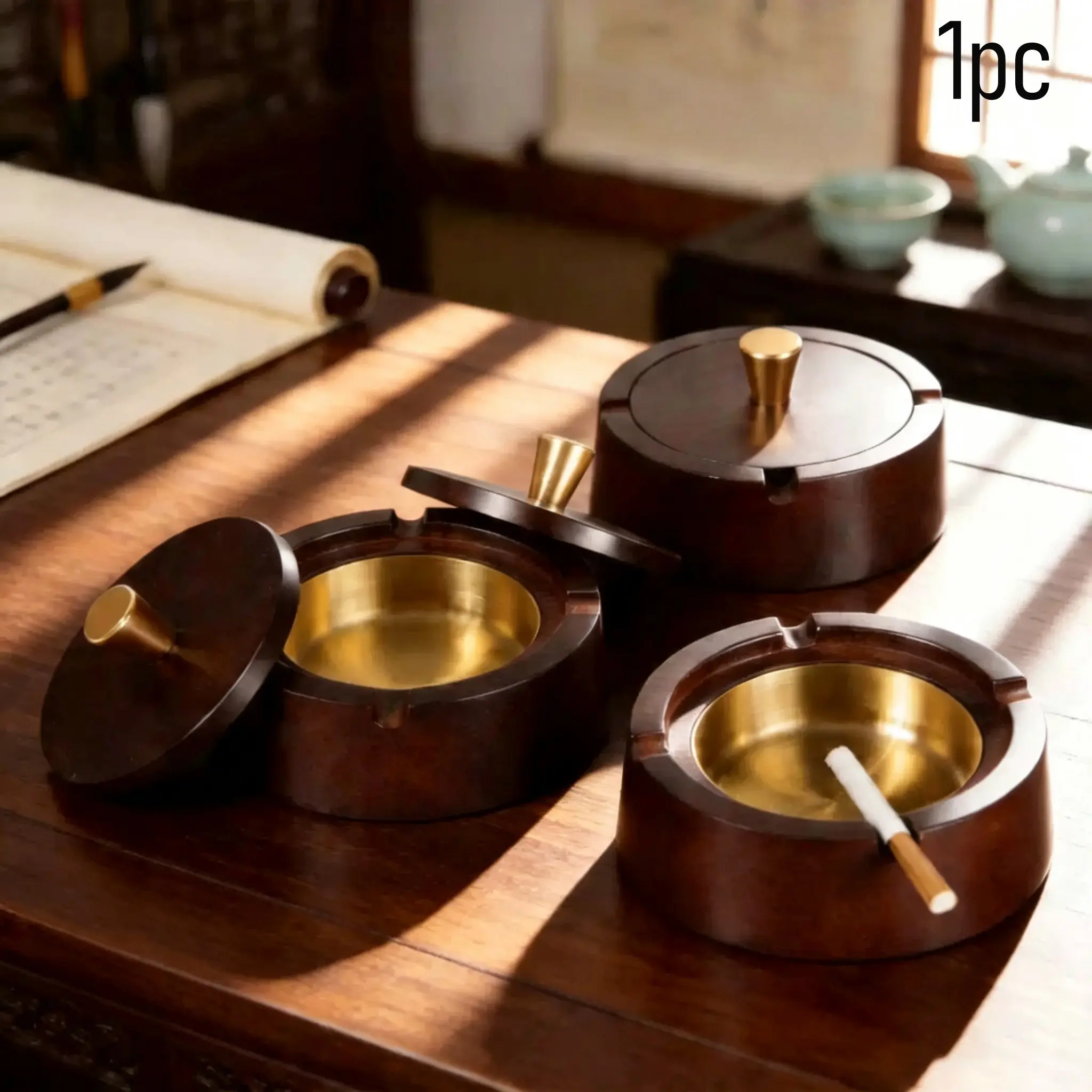 Luxury Solid Wood Ashtray with Lid for Smoke Prevention, Removable Easy-To-Clean Inner Container, Modern Chinese Style Desktop Decor, Suitable for Living Rooms Offices Cars, Large Anti-Scatter Ashtray for Home and Business