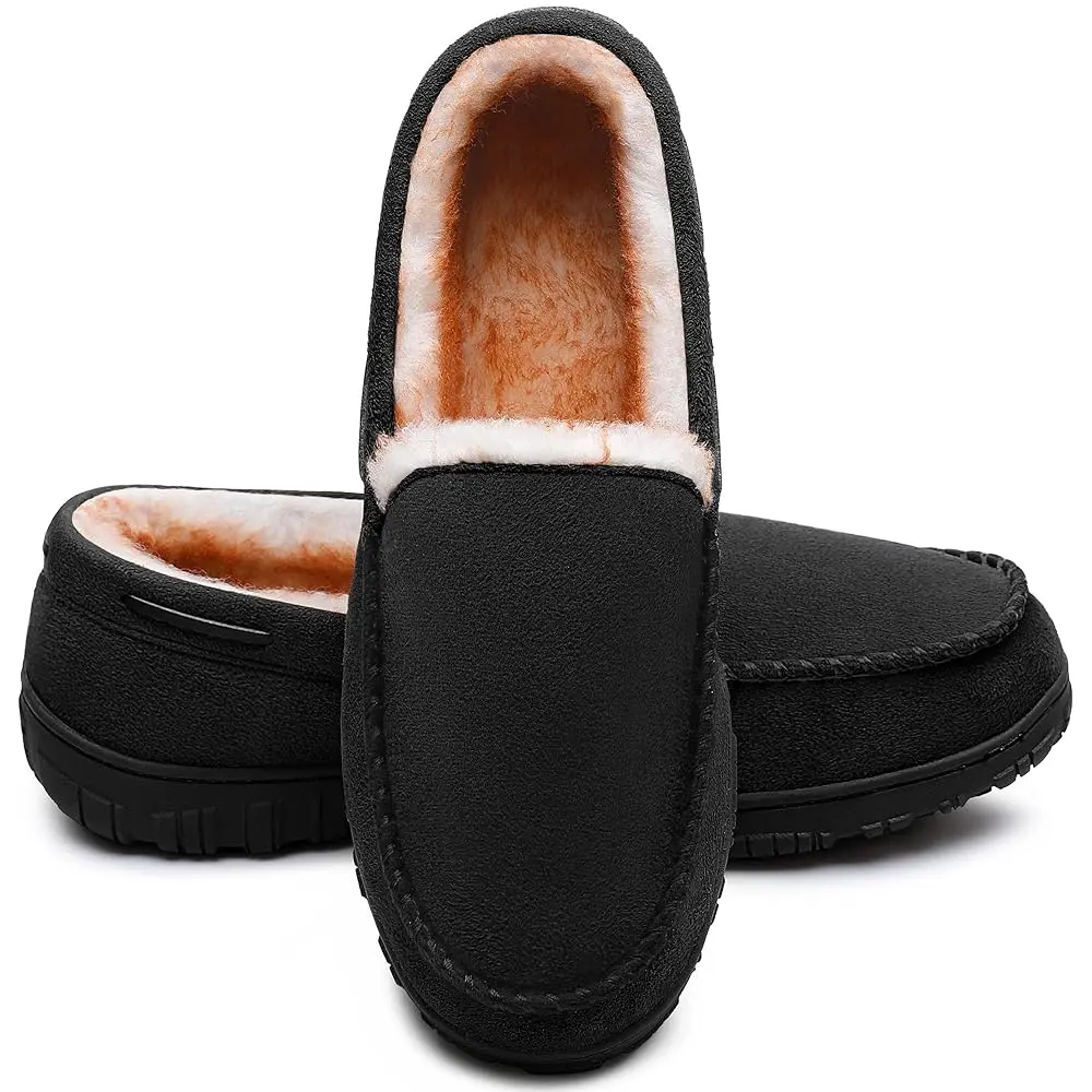 Men's Faux Suede Moccasin Slippers with Thick Plush Fleece Lining and Memory Foam, Anti-Slip Rubber Sole for Indoor Outdoor Footwear, Shoe, Soft, Fathersdaygift, Padded, Chic, Perfect Gift, Bow, Cozy Home-To-Outdoor Wear
