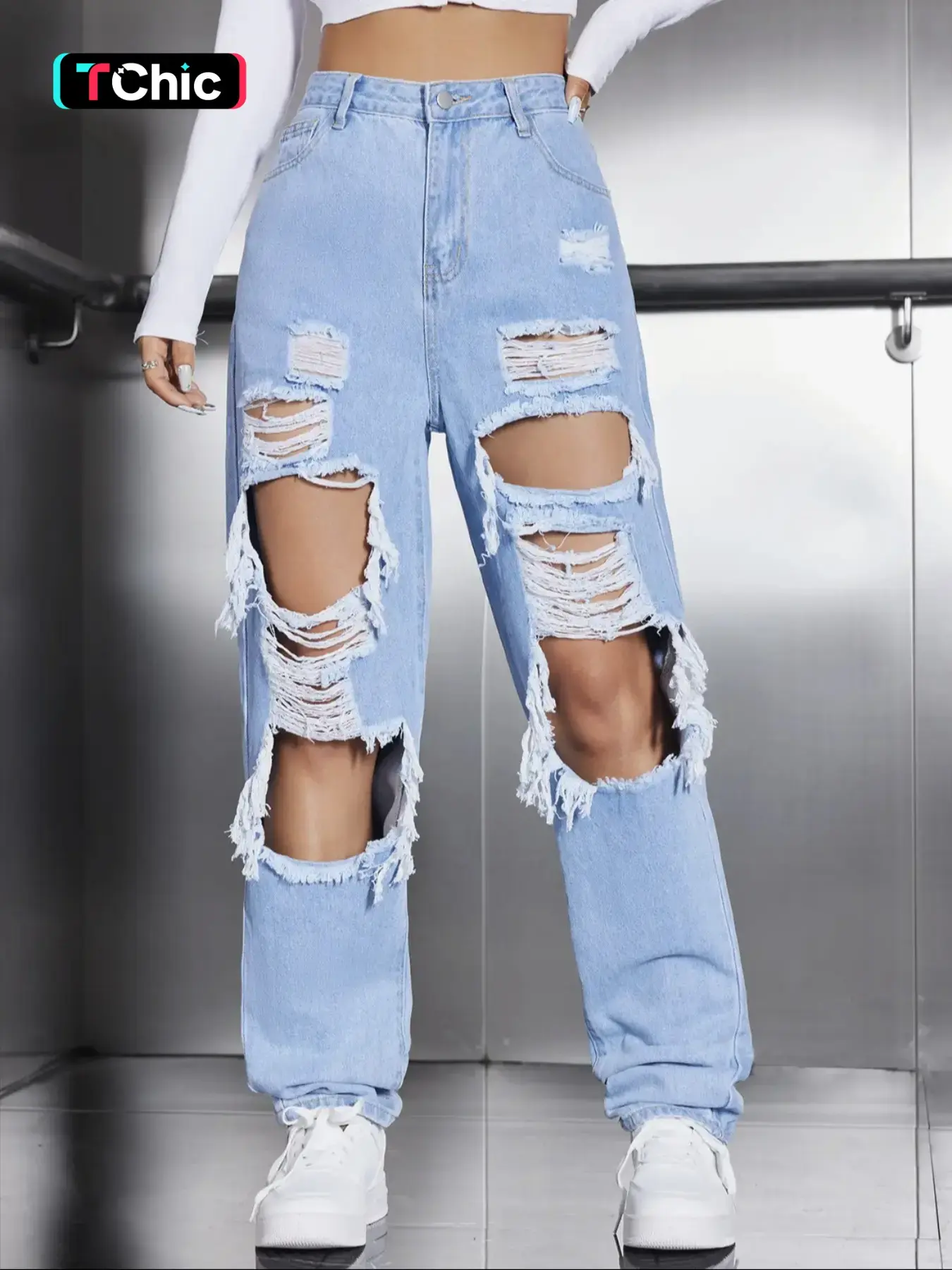 Women's High Waist Ripped Light Wash Jeans, Summer Fashion Casual Distressed Straight Leg Street Style Denim Pants Fit, Destroyed Hole Jeans, Lady Bottoms for Daily Wear Streetwear