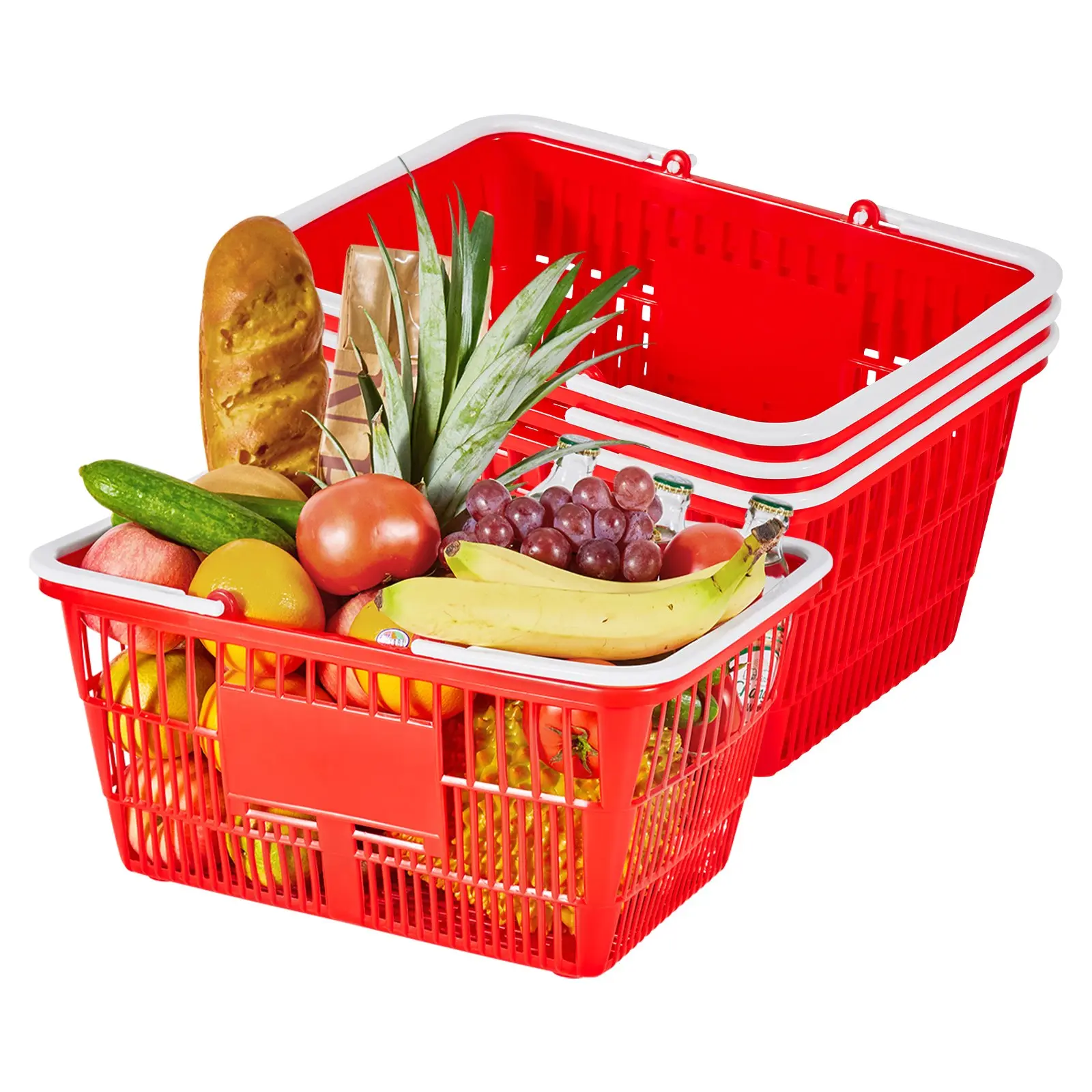 VEVOR 4-PCS Stackable PE Plastic Shopping Basket Set, 5.6 Gal (21L) Waterproof Grocery Baskets with Handles, Dense Mesh Texture, 20 lbs Capacity, Portable for Busy Stores, Home Use, Red, Retail