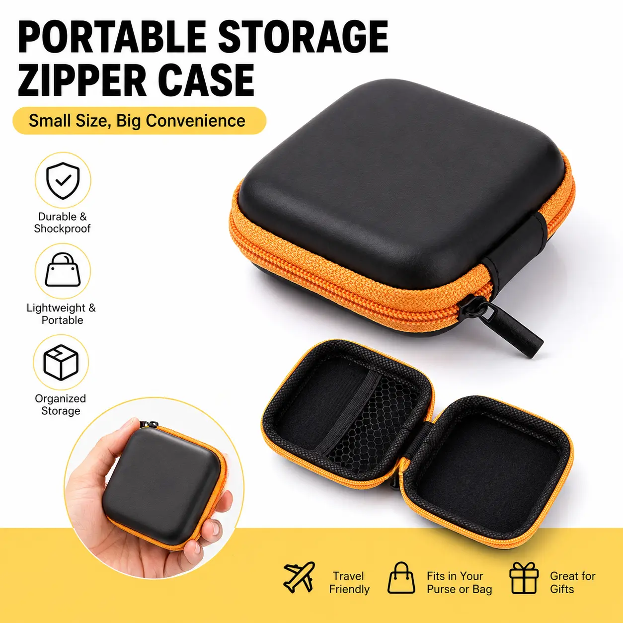 Mini Headphone Audio Storage Case, Square Charging Cable Storage Bag with Zippered Design, Portable Storage Accessories for Keys Charger, Earphone Storage Bag-YY1