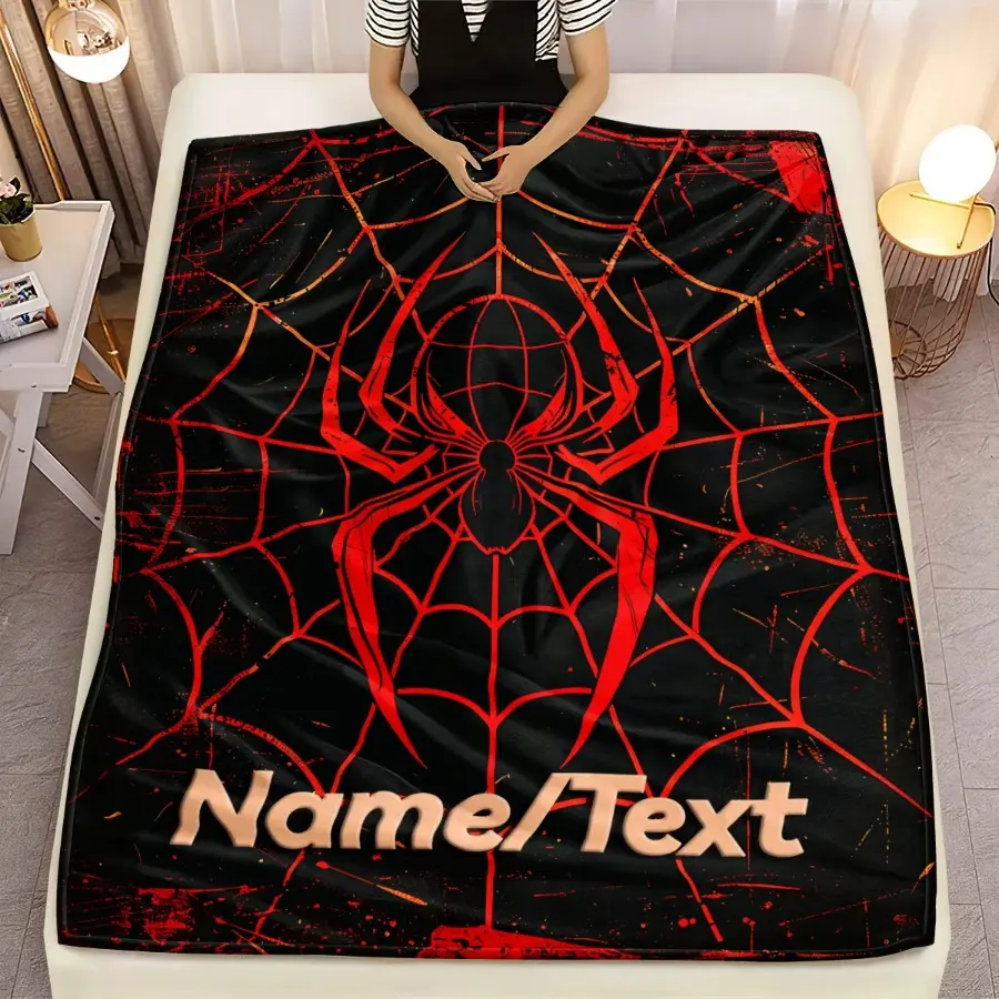 Classic Spider Print Customizable Cotton Flannel Throw Blanket - Soft Texture, Tear-Resistant Polyester Fiber, Sofa Couch Cover, All-Season Use Bedding, Machine Washable, Home Room Decor