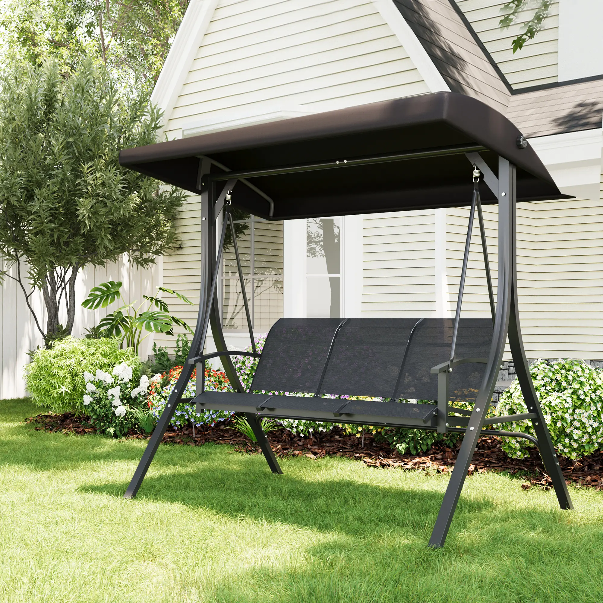 GARVEE 3-Seat Heavy-Duty Steel Iron Outdoor Patio Swing Chair - Adjustable Canopy, Breathable Cushioned Bench, Armrests, 600lbs Capacity, Easy Setup for Porch, Garden, Outdoor Patio Swings, Removable Canopy Hammocks, Swing Chairs & Accessories