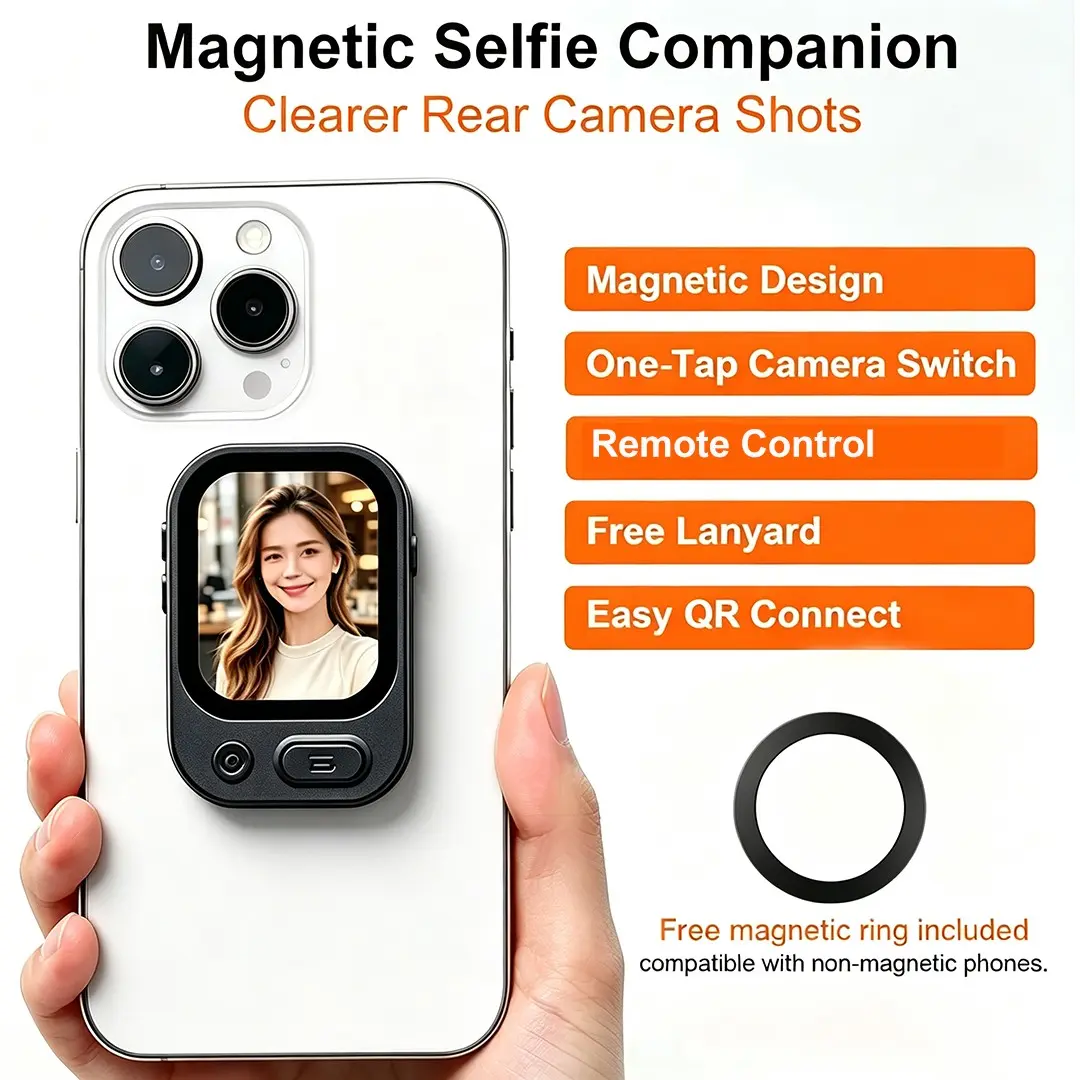 Rear Camera Selfie Viewfinder Screen, Remote Control Selfie Display, Real-Time Preview, Remote Zoom & Lens Switch, Clear Selfies, Need to Download APP For Photo or Video Recording (Not Support Live Streaming)