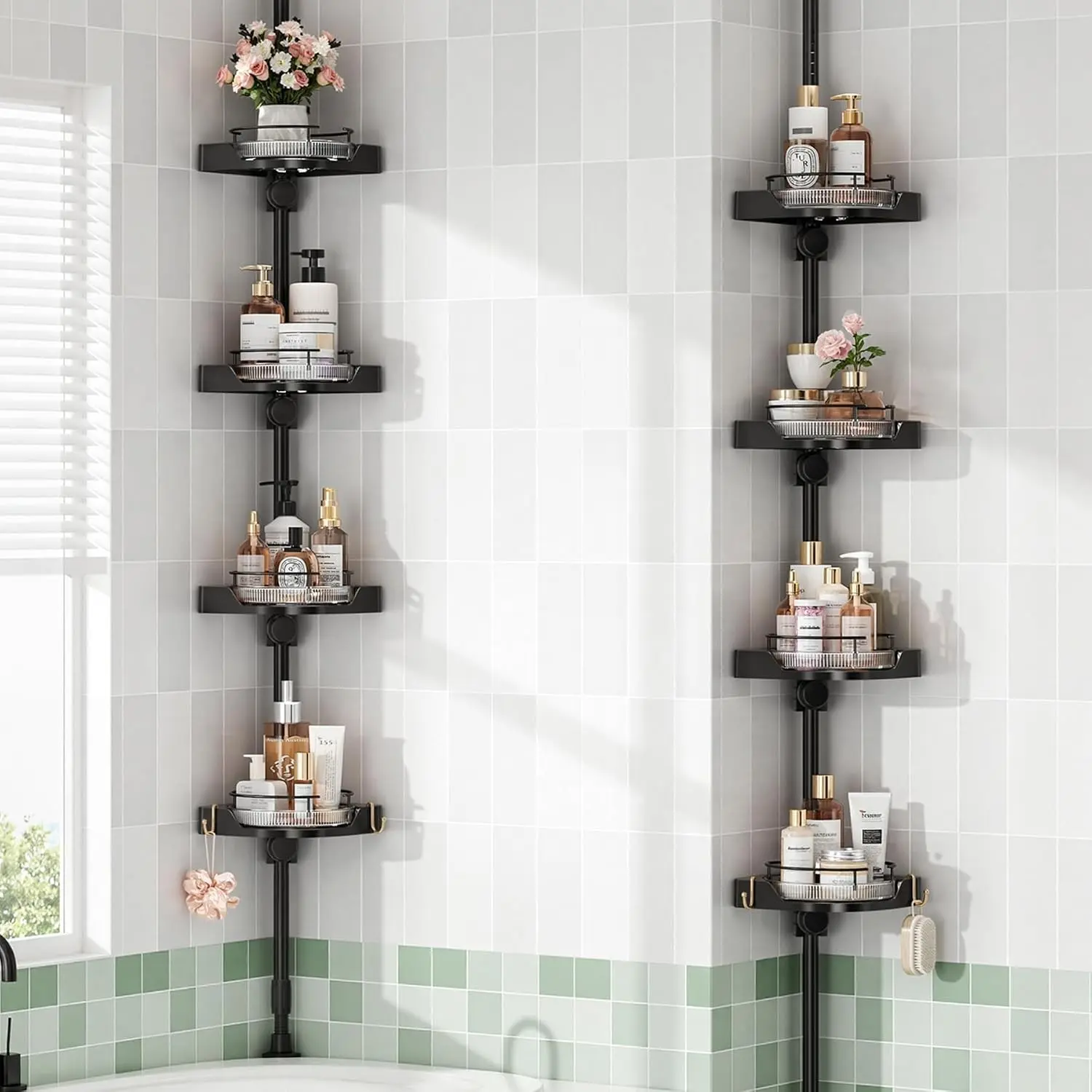 360° Rotating Corner Shower Caddy Tension Pole Organizer - 4-Tier Adjustable Rustproof Metal Pole, Plastic Shelves with Safety Guardrail, Bathroom Storage for Shower & Bathtub(Black)