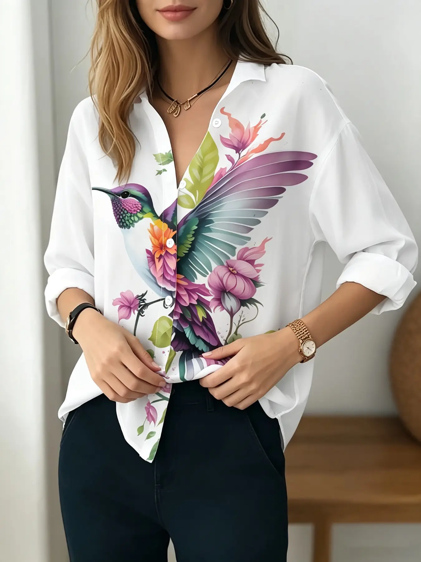 2026 New Women's Oil Painting Gradient Hummingbird Floral Full Print Shirt, Fresh Atmosphere Spring Summer, Versatile Flower Dress