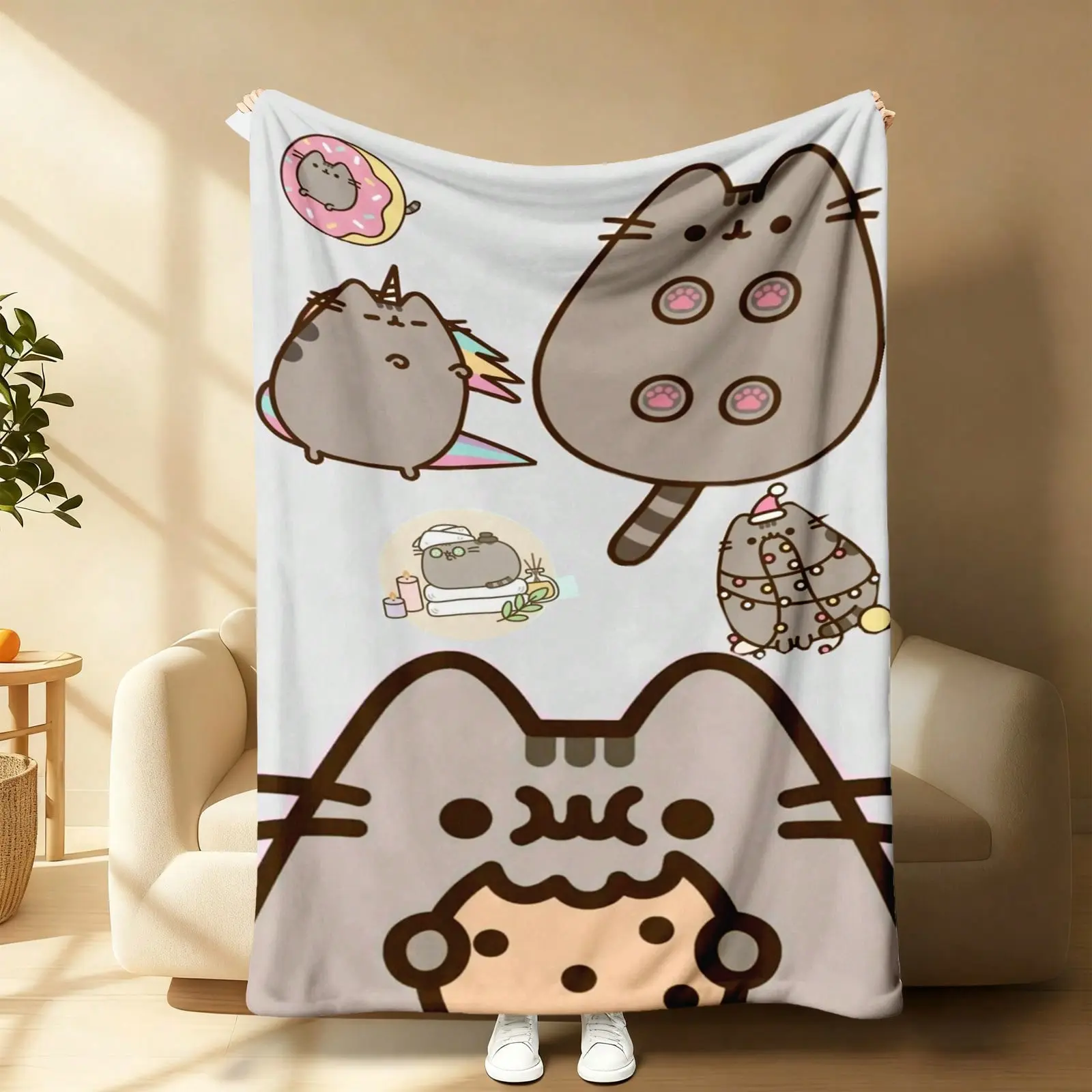 Soft Pusheen Cartoon Cat Plush Flannel Blanket Throw - Ultra Soft Cozy All Season Fleece Blanket with Cute Cat & Heart Print, Lightweight Warm Sofa Bed Couch Office Throw, Machine Washable Home Decor Tapestry Style Gift for Friends Family