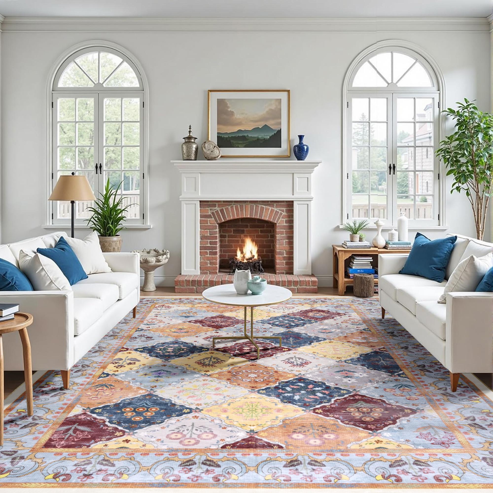 Boho Patchwork Retro Area Rugs 6' x 9' ,Soft Plush Non Slip Backing,Bohemian Style Area Rug Colorful Floral Patterns,Perfect for Living Room,Bedroom,Kitchen Closets,Carpet for Dressing Room, Brown, Blue, Grey, Orange,4x6,5x8,6x9 Feet