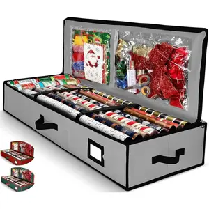 Gift Wrap Organizer, Christmas Wrapping Paper Storage Bag w/Useful Pockets for Xmas Accessories, Fits Upto 24 Rolls, Underbed Storage for Holiday Decorations, Large Capacity Storage Box