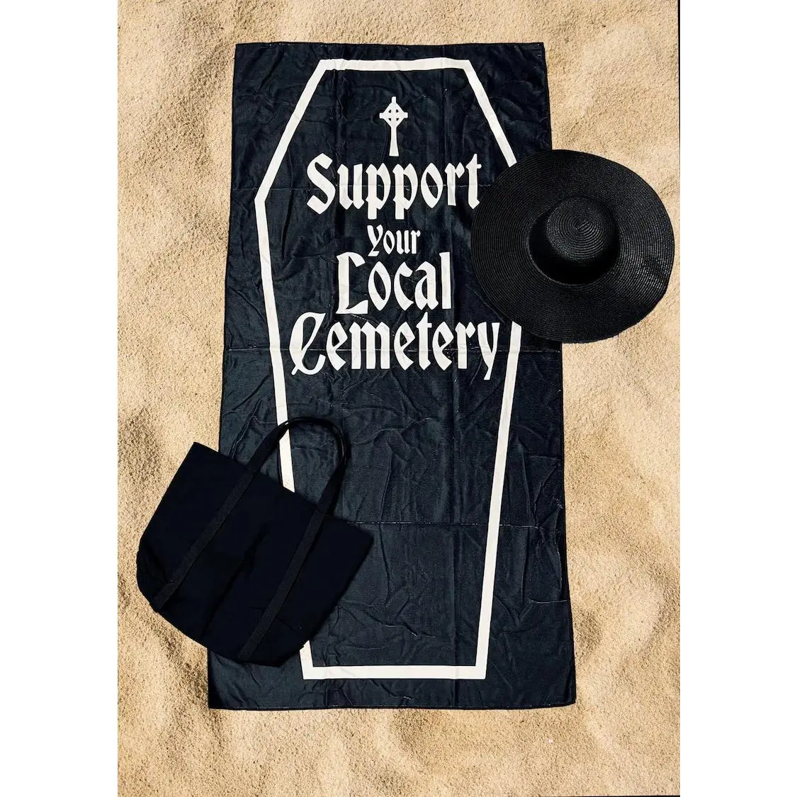 Black Gothic Coffin Outline Support Your Local Cemetery Cross Text Microfiber Beach Towel,  Ideal For Goth Horror Dark Aesthetic Fans, Beach Trips Lover Unique Holiday Souvenir Gifts
