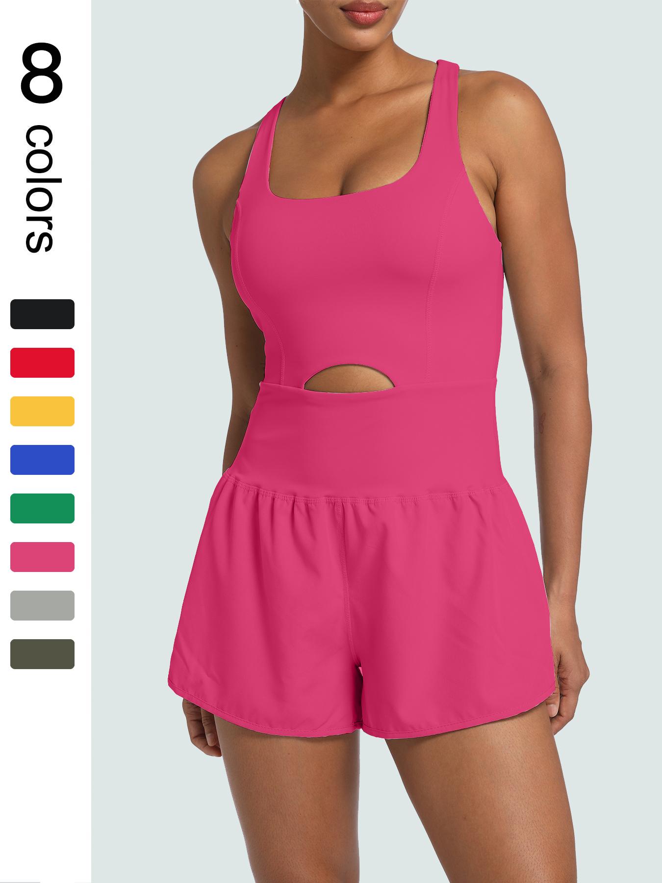 Women's Solid Color Racer Back Sports Romper with Removable Chest Pad, Casual Comfy Breathable Sleeveless Jumpsuit for Yoga Gym Workout, Ladies Sportswear for All Seasons, Sporty Jumpsuit