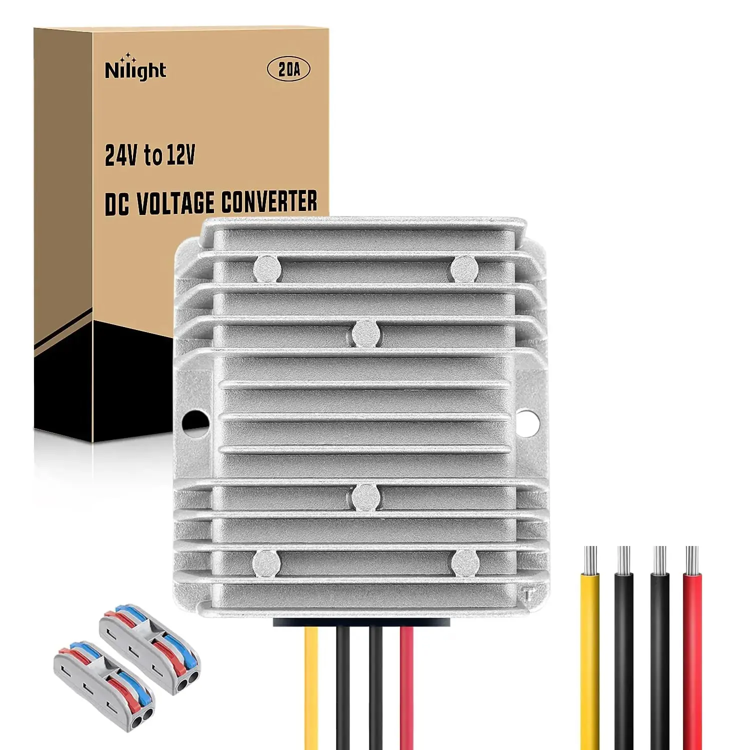 Nilight 24V-to-12V 20A 240W Waterproof Aluminum DC-DC Voltage Converter, DIY Electrical Transformer (-40~85°C) for Golf Carts, LED Strips (2 Pcs), Screens, Motors