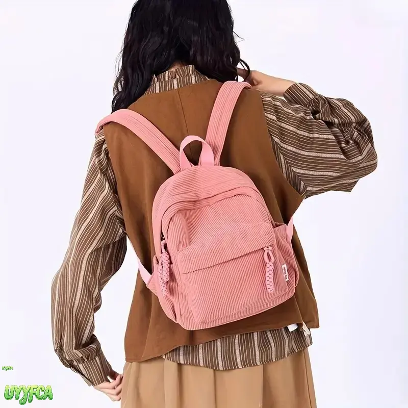 Women's Retro Aesthetic Vertical Striped Corduroy Backpack - Adjustable Padded Shoulder Strap, Braided Bead Zipper Pull, Multi-Pocket, Side Water Bottle Holder, Lightweight Unisex Casual Daypack for School, Beach,back to school,back to school haul