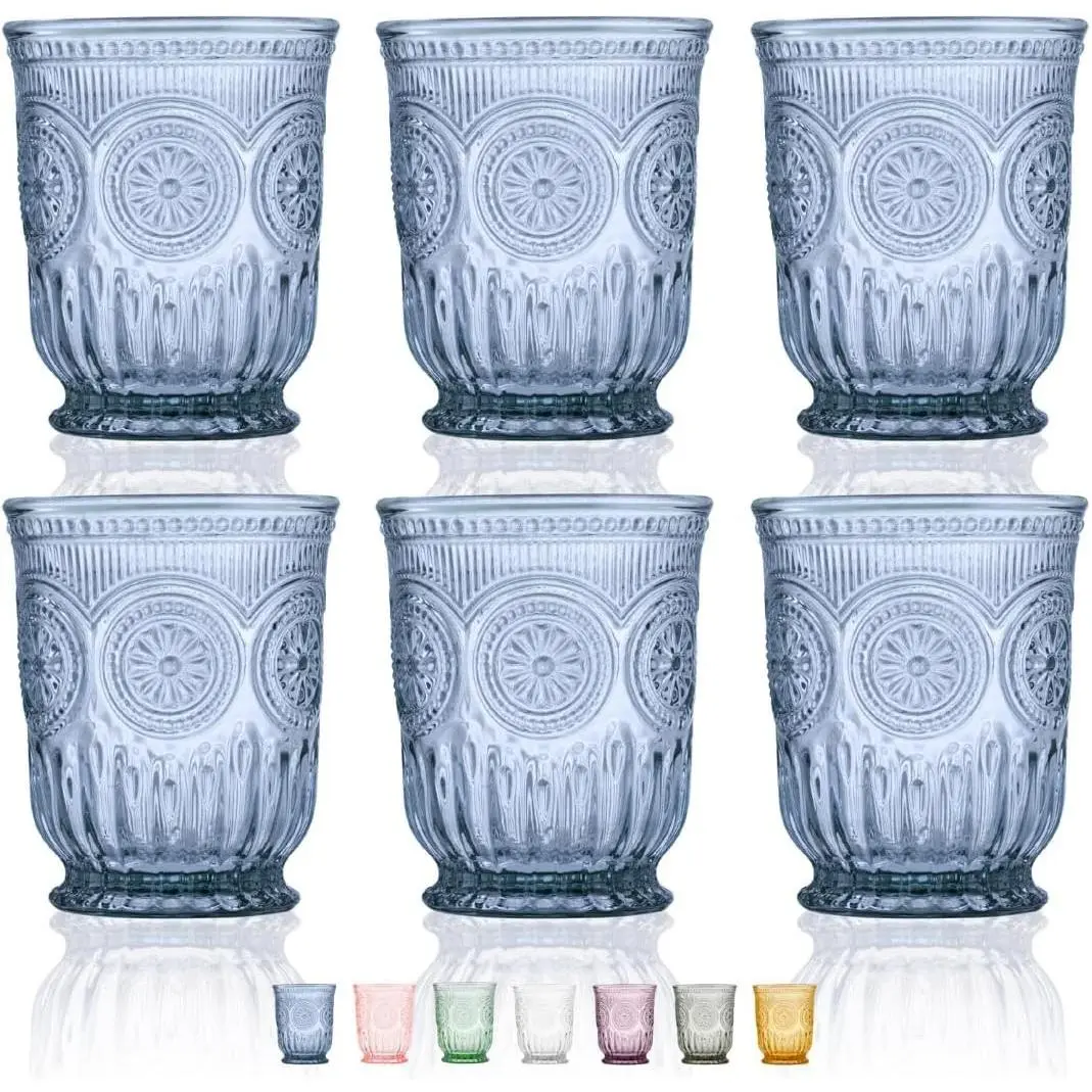 Blue Glassware Set of 6 Small Dishwasher Safe Colored Glass Cups, Matching Highball and Wine Glasses Available