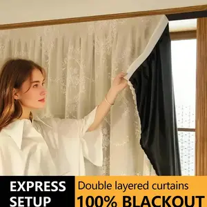 Double Layer 100% Blackout Curtain, No Drilling Required, Self-Adhesive Lightweight Bottom, Privacy & Sun Protection, Suitable for Various Rooms