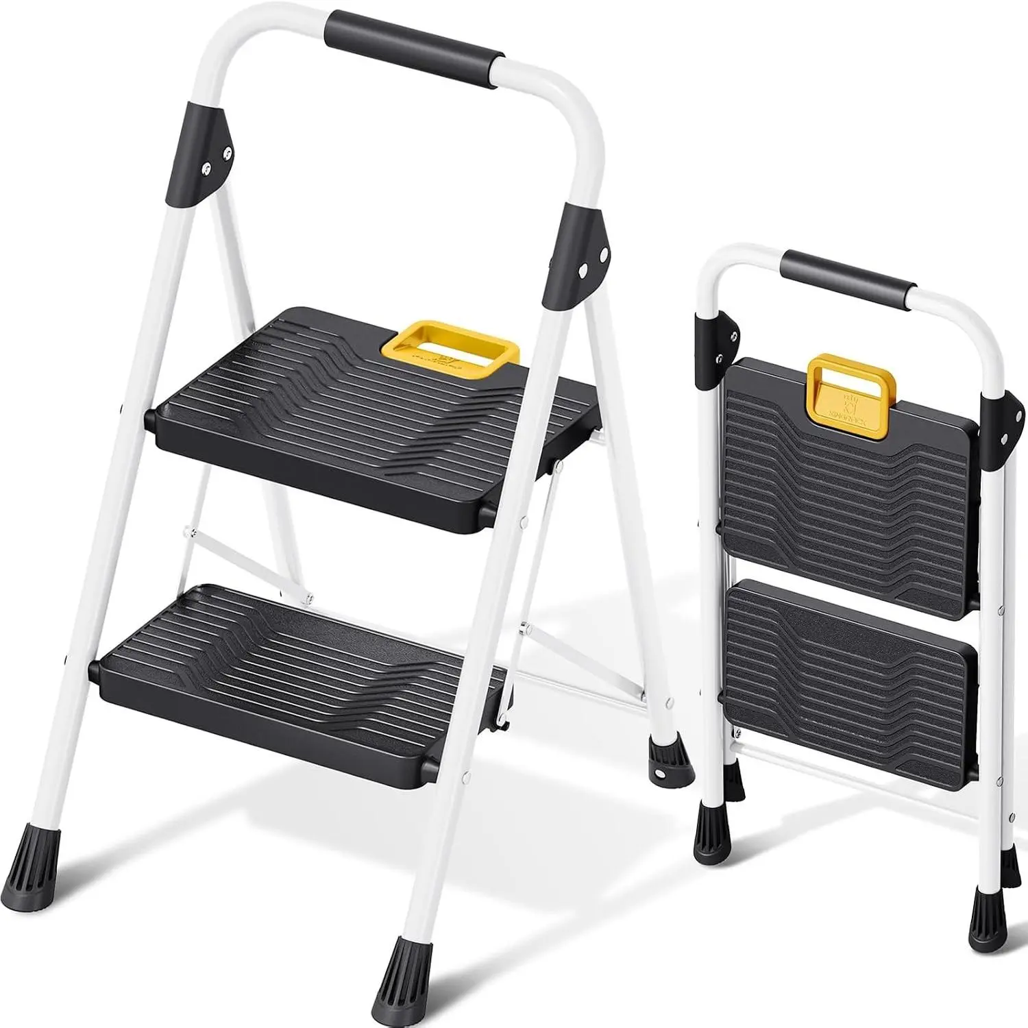 Foldable 2-Step Ladder, 800lbs Capacity Step Stool with Safety Lock, Non-Skid Wide Pedals, Handrail, Lightweight Indoor Household Ladder for Home, Kitchen, Office Use, White