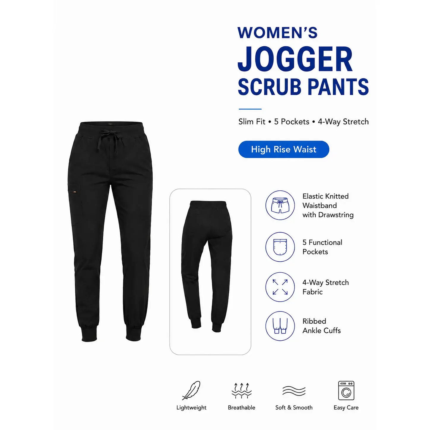 Women's Scrub Joggers, High-Waist Athletic Medical Pants in Stretchable Polyester with Drawstring, Cargo & Side Pockets