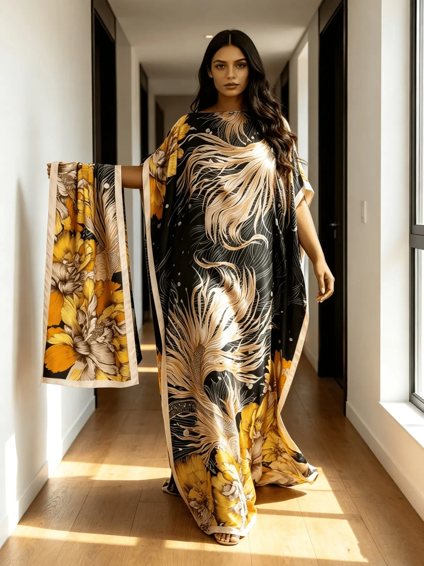 Emerald Green Peacock Feather Print Kaftan Maxi Dress With Matching Head Scarf, Silky Soft Loungewear Nightgown, Loose Beach Resort Cover Up Sleep Dress, Plus Size Friendly, Boho