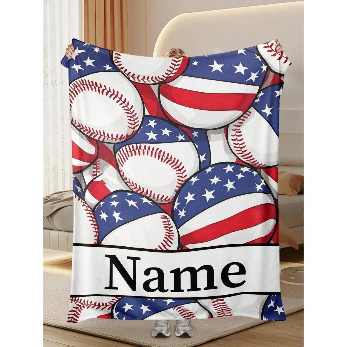 Custom Name American Flag Baseball Flannel Throw Blanket, Personalized Star Stripes Baseball Name Blanket, Soft Cozy Warm Throw for Couch Bed, Baseball Fan Birthday Gift for Boys Kids Teens, Customizable Name Text Sports Room Decor